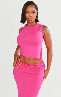 Clearance PrettyLittleThing Shape Jersey Ruched Side Asymmetric Hem Crop Top Hot Pink