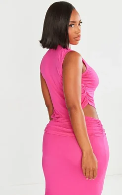 Clearance PrettyLittleThing Shape Jersey Ruched Side Asymmetric Hem Crop Top Hot Pink