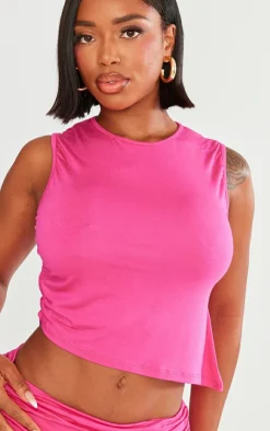 Clearance PrettyLittleThing Shape Jersey Ruched Side Asymmetric Hem Crop Top Hot Pink