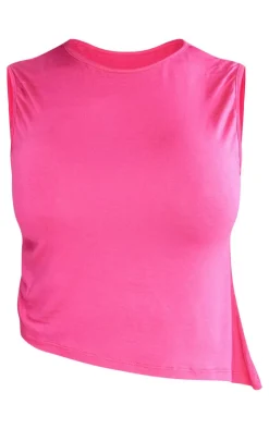 Clearance PrettyLittleThing Shape Jersey Ruched Side Asymmetric Hem Crop Top Hot Pink