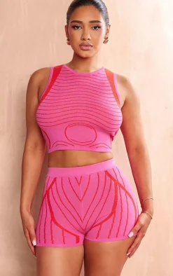 Outlet PrettyLittleThing Shape Knit Body Printed Racer Crop Top Hot Pink