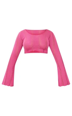 Outlet PrettyLittleThing Shape Ladder Detail Knit Flare Sleeve Crop Top Hot Pink