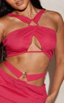 Best PrettyLittleThing Shape Linen Look Cut Out Triangle Trim Detail Crop Top Hot Pink