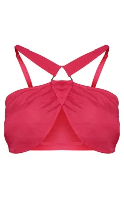Best PrettyLittleThing Shape Linen Look Cut Out Triangle Trim Detail Crop Top Hot Pink