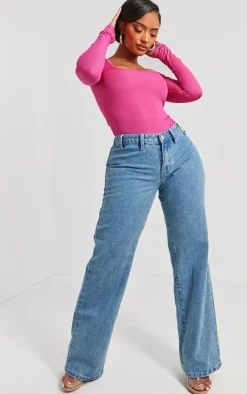 Shape Hot Pink Rib Long Sleeve Square Neck Bodysuit