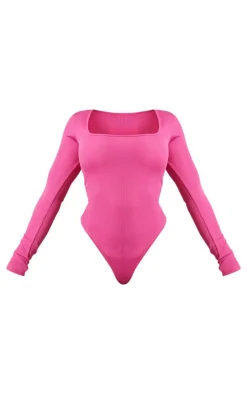 Shape Hot Pink Rib Long Sleeve Square Neck Bodysuit