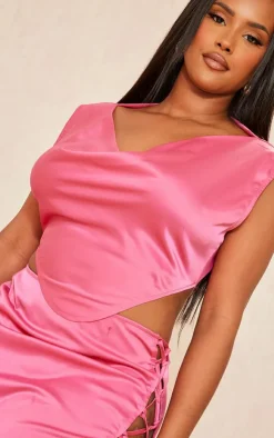 Discount PrettyLittleThing Shape Satin Cowl Neck Crop Top Hot Pink
