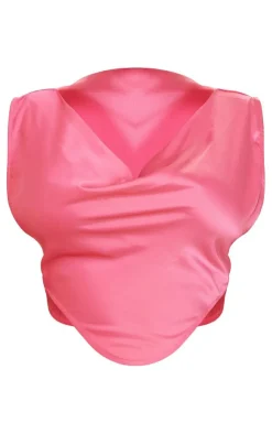 Discount PrettyLittleThing Shape Satin Cowl Neck Crop Top Hot Pink