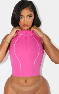 PrettyLittleThing Sleeveless Tops*Shape Sculpted Contrast Stitch Zip Front Sleeveless Top