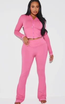 Sale PrettyLittleThing Shape Sculpted Contrast Stitch Foldover Waist Flare Pants Hot Pink