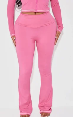 Sale PrettyLittleThing Shape Sculpted Contrast Stitch Foldover Waist Flare Pants Hot Pink