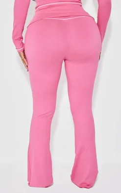 Sale PrettyLittleThing Shape Sculpted Contrast Stitch Foldover Waist Flare Pants Hot Pink