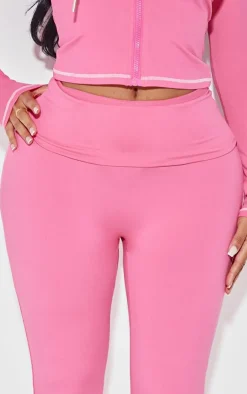Sale PrettyLittleThing Shape Sculpted Contrast Stitch Foldover Waist Flare Pants Hot Pink