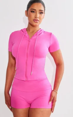 Discount PrettyLittleThing Shape Sculpted Short Sleeve Hooded Jacket Hot Pink