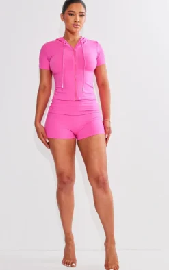 Discount PrettyLittleThing Shape Sculpted Short Sleeve Hooded Jacket Hot Pink