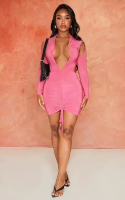 Shape Slinky Long Sleeve Plunge Ruched Bodycon Dress-PrettyLittleThing Discount