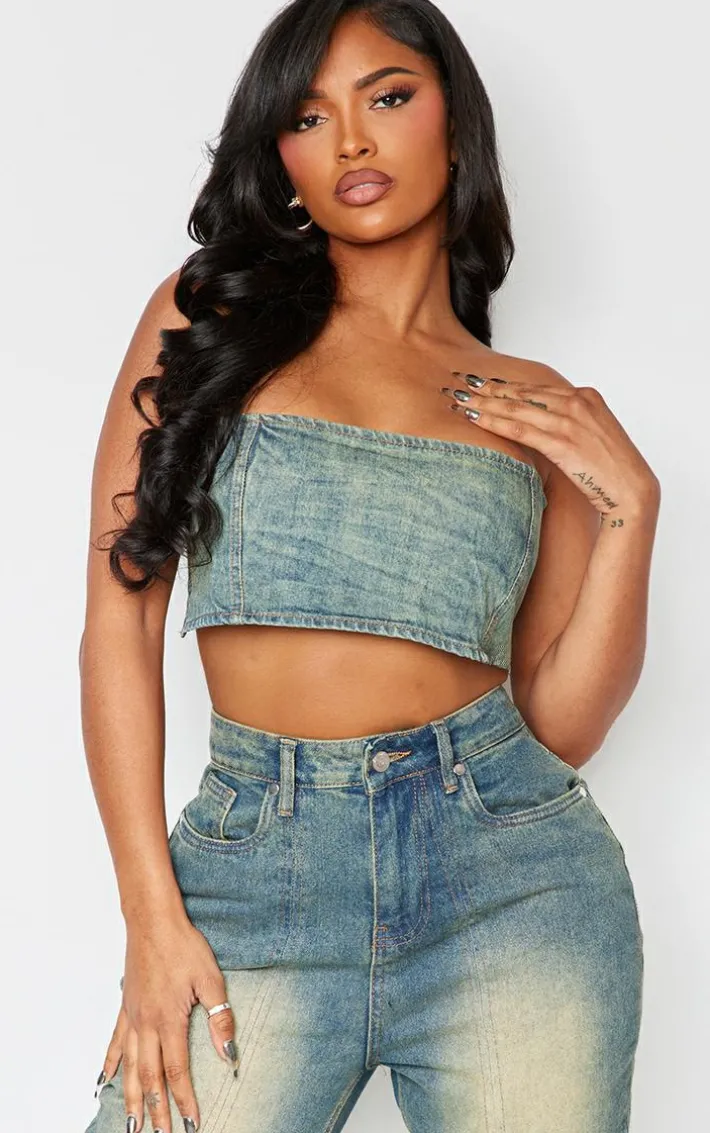 Shape Indigo Blue Wash Denim Square Bandeau Top