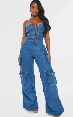 Shape Denim Bandeau Lace Up Front Wide Leg Jumpsuit-PrettyLittleThing Hot