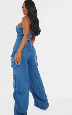Shape Denim Bandeau Lace Up Front Wide Leg Jumpsuit-PrettyLittleThing Hot