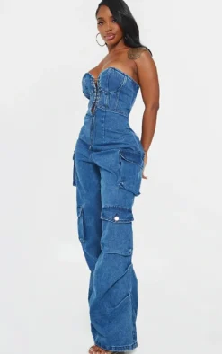 Shape Denim Bandeau Lace Up Front Wide Leg Jumpsuit-PrettyLittleThing Hot
