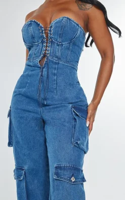 Shape Denim Bandeau Lace Up Front Wide Leg Jumpsuit-PrettyLittleThing Hot