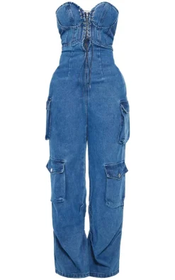 Shape Denim Bandeau Lace Up Front Wide Leg Jumpsuit-PrettyLittleThing Hot