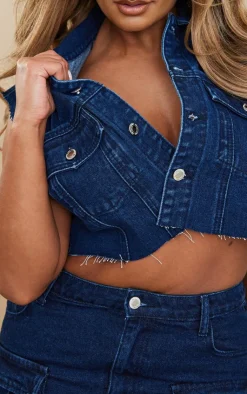 Sale PrettyLittleThing Shape Denim Raw Hem Edge Cropped Jacket Indigo
