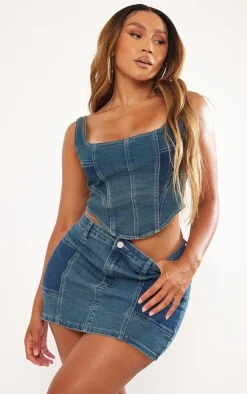 Hot PrettyLittleThing Shape Denim Micro Mini Skirt Indigo Vintage Wash