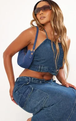 Online PrettyLittleThing Shape Asymmetric Seam Bandeau Crop Top Indigo Vintage Wash