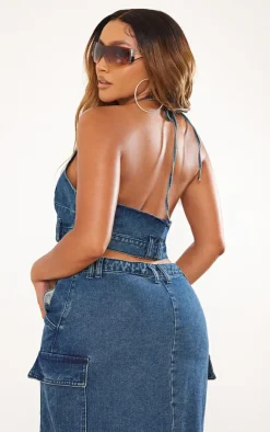 Online PrettyLittleThing Shape Asymmetric Seam Bandeau Crop Top Indigo Vintage Wash