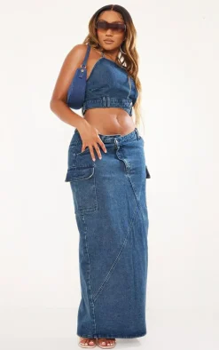 Online PrettyLittleThing Shape Asymmetric Seam Bandeau Crop Top Indigo Vintage Wash