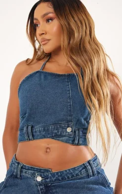 Online PrettyLittleThing Shape Asymmetric Seam Bandeau Crop Top Indigo Vintage Wash