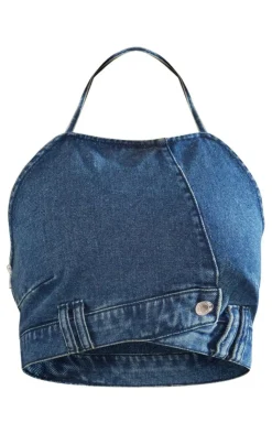 Online PrettyLittleThing Shape Asymmetric Seam Bandeau Crop Top Indigo Vintage Wash