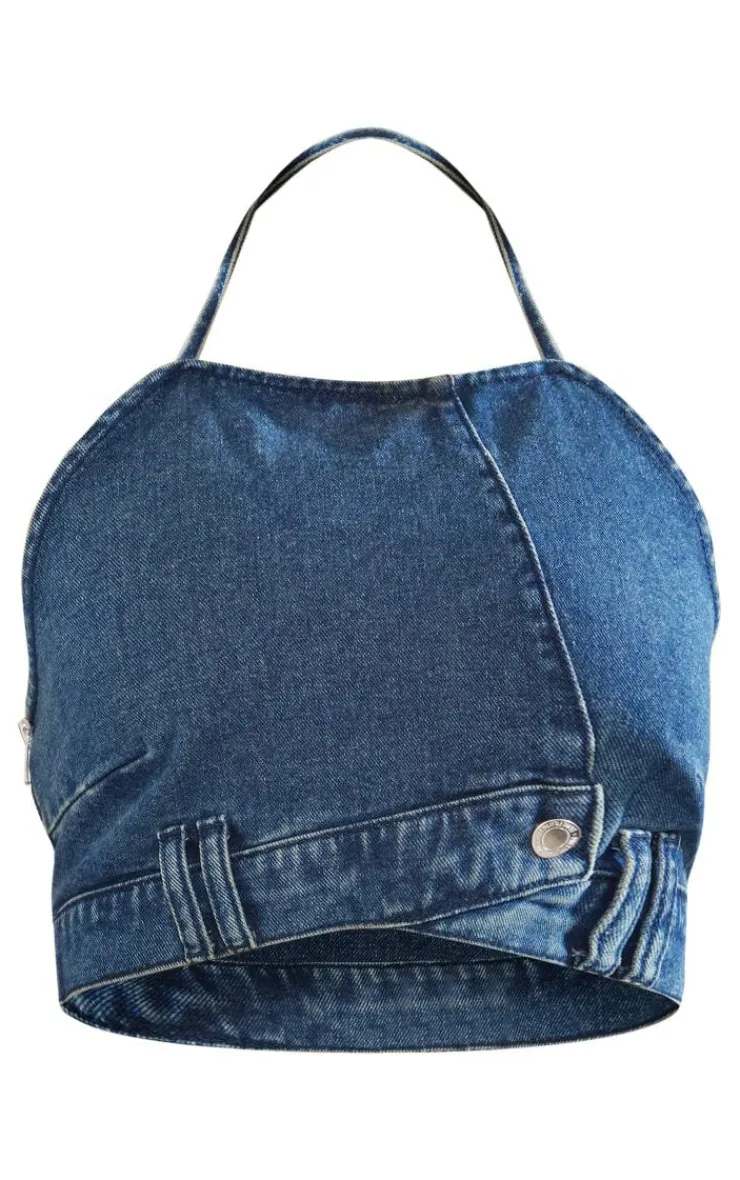 Online PrettyLittleThing Shape Asymmetric Seam Bandeau Crop Top Indigo Vintage Wash