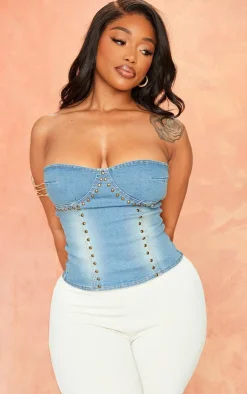 PrettyLittleThing Corsets*Shape Stretch Denim Stud Detail Bandeau Corset