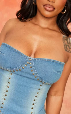PrettyLittleThing Corsets*Shape Stretch Denim Stud Detail Bandeau Corset
