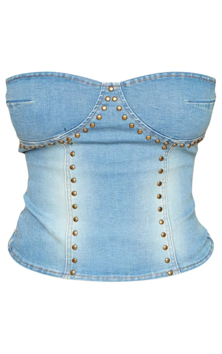 PrettyLittleThing Corsets*Shape Stretch Denim Stud Detail Bandeau Corset