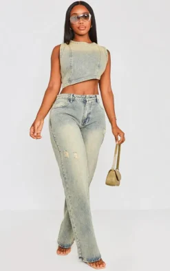 Sale PrettyLittleThing Shape Washed Denim Wide Leg Jeans Indigo Vintage Wash