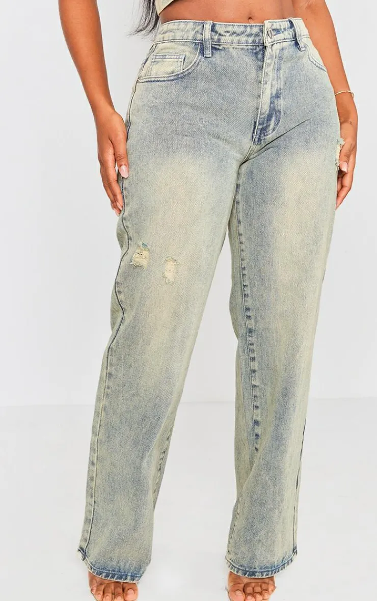 Sale PrettyLittleThing Shape Washed Denim Wide Leg Jeans Indigo Vintage Wash