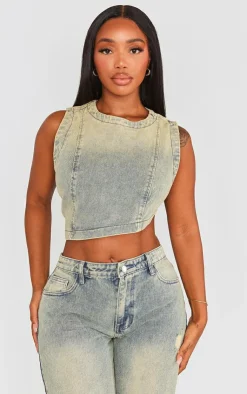 Sale PrettyLittleThing Shape Denim Washed Asymmetric Crop Top Indigo Vintage Wash