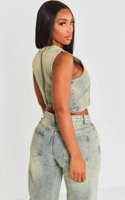 Sale PrettyLittleThing Shape Denim Washed Asymmetric Crop Top Indigo Vintage Wash