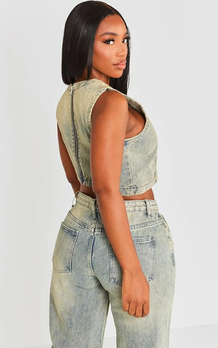 Sale PrettyLittleThing Shape Denim Washed Asymmetric Crop Top Indigo Vintage Wash