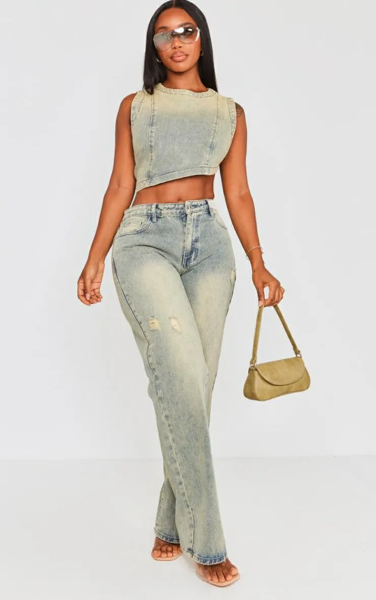 Sale PrettyLittleThing Shape Denim Washed Asymmetric Crop Top Indigo Vintage Wash