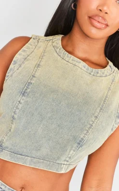 Sale PrettyLittleThing Shape Denim Washed Asymmetric Crop Top Indigo Vintage Wash