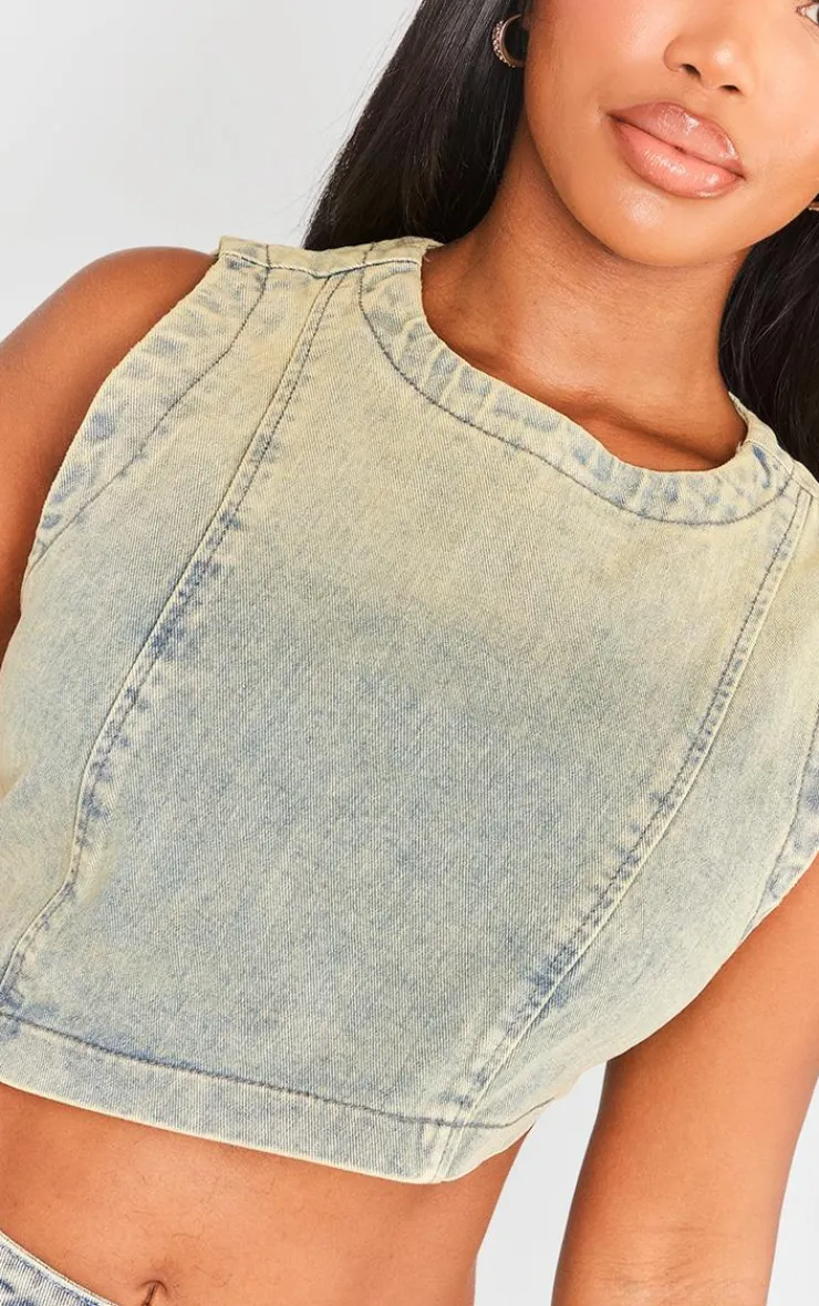 Sale PrettyLittleThing Shape Denim Washed Asymmetric Crop Top Indigo Vintage Wash