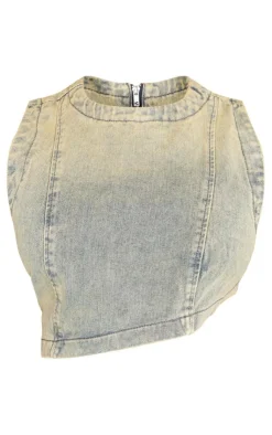 Sale PrettyLittleThing Shape Denim Washed Asymmetric Crop Top Indigo Vintage Wash