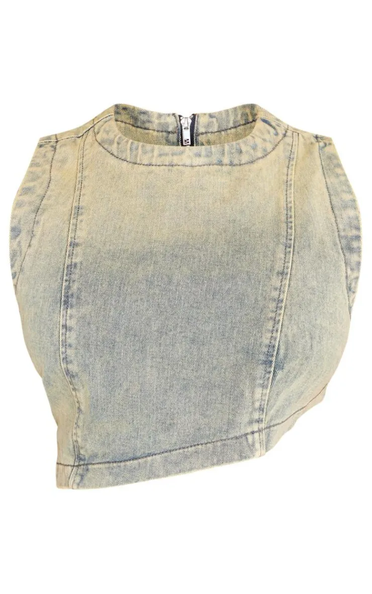 Sale PrettyLittleThing Shape Denim Washed Asymmetric Crop Top Indigo Vintage Wash