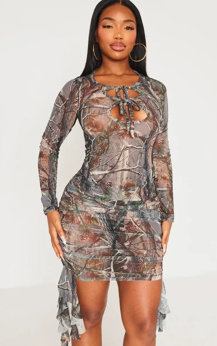 Sale PrettyLittleThing Shape Abstract Camo Printed Cut Out Long Sleeve Top Khaki
