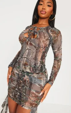Sale PrettyLittleThing Shape Abstract Camo Printed Cut Out Long Sleeve Top Khaki