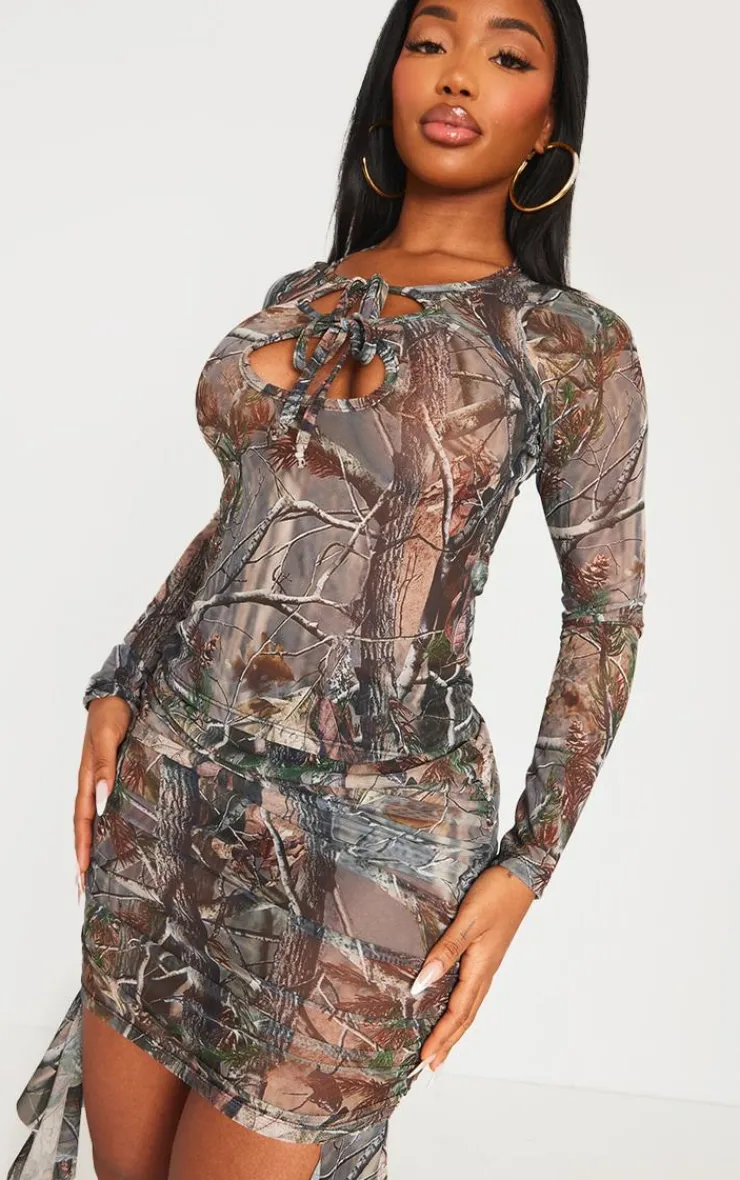 Sale PrettyLittleThing Shape Abstract Camo Printed Cut Out Long Sleeve Top Khaki